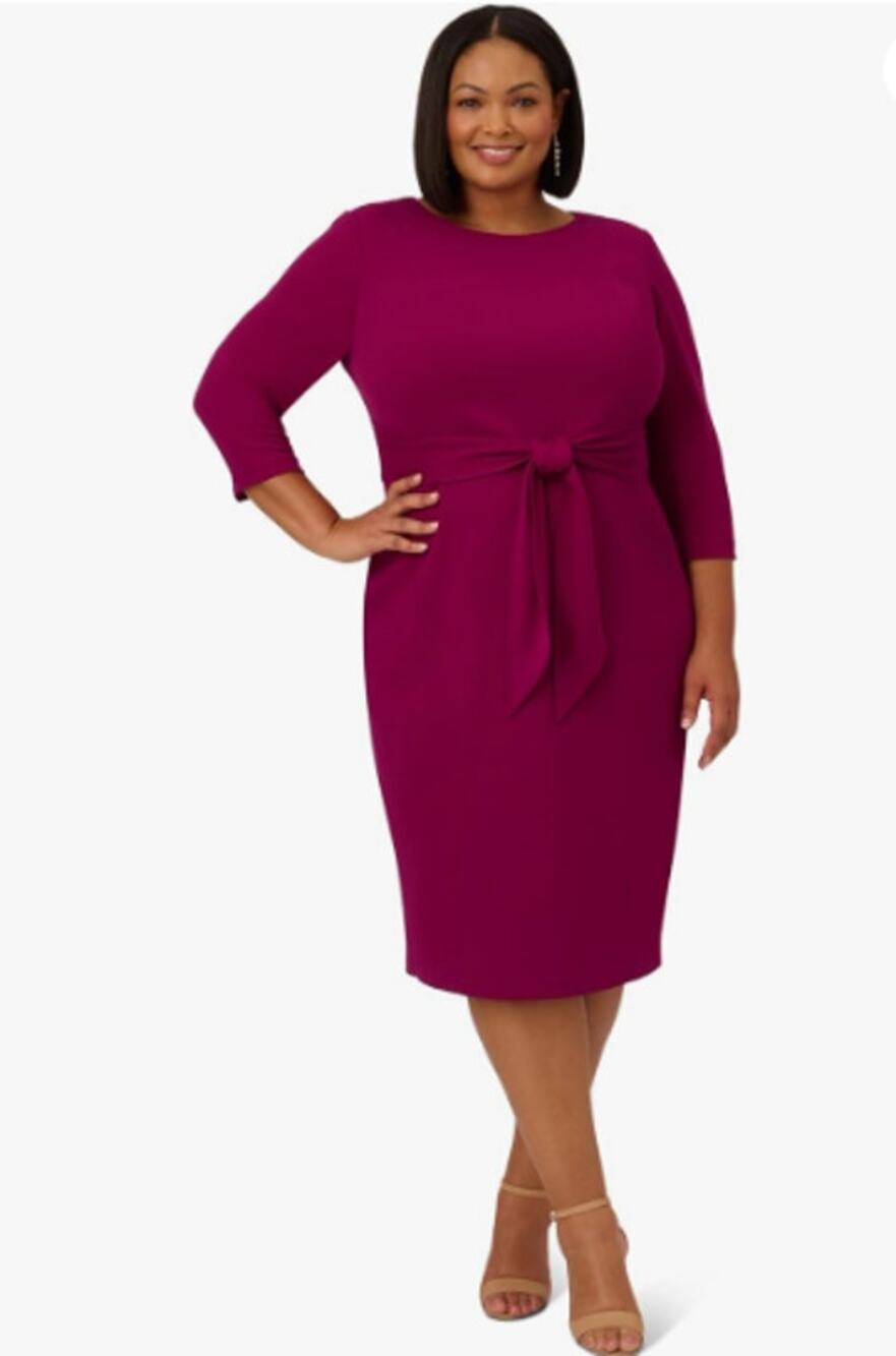 ADRIANNA PAPELL Women's Knit Crepe Sheath Dress Size 14 Pink Wildberry Tie NWT